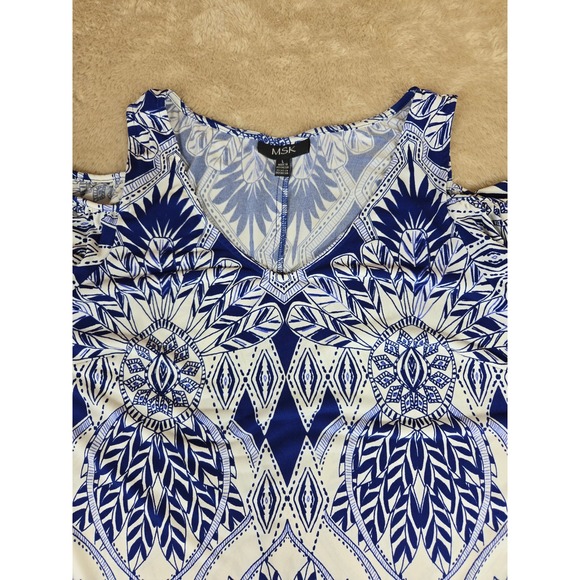 MSK Womens Blue White Geometric Medallion Cold Shoulder Shift Dress Large L - Picture 9 of 11
